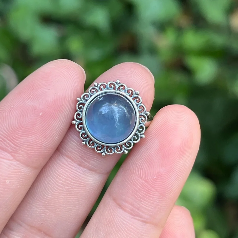 Sterling silver 925‎ stamped adjustable round aquamarine ring 0131